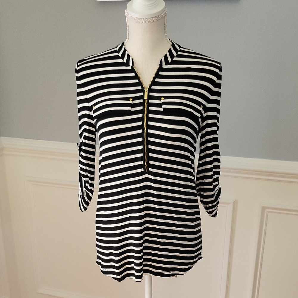 Calvin Klein Black And White Striped Half Zip 3/4 Sleeve Tunic Women's Size XS